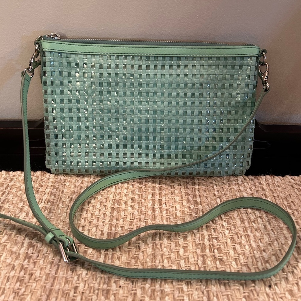Fossil Sydney Woven Crossbody Bag Purse Green Teal Turquoise Leather ZB5715
